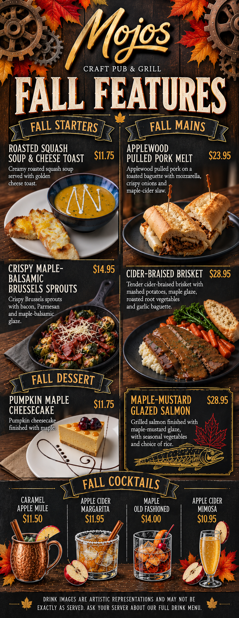 Mojos Fall Features 2026 menu. Food, cocktail prices and serving sizes are listed below.